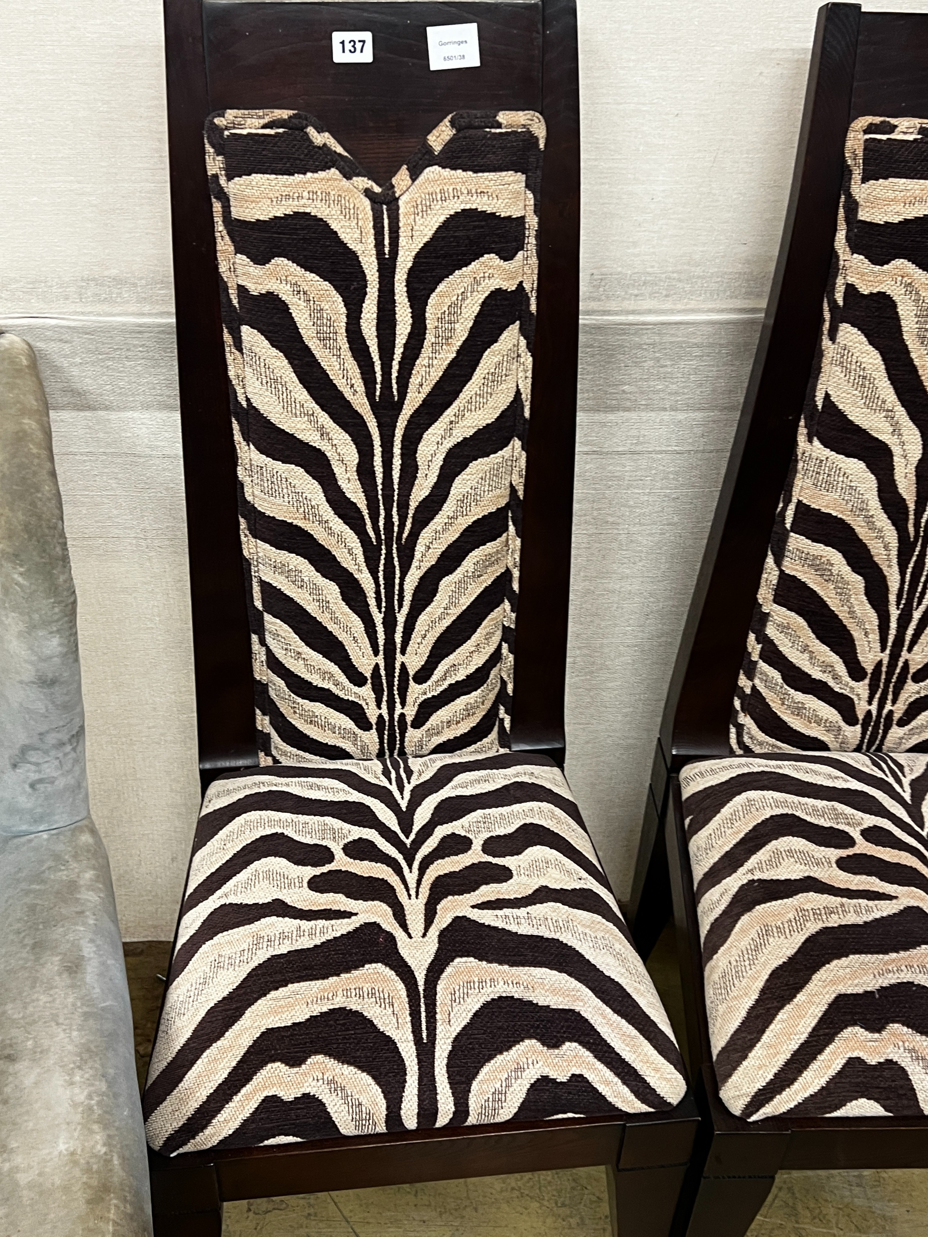 A pair of contemporary Mariner of Valencia zebra print fabric upolsterey side chairs